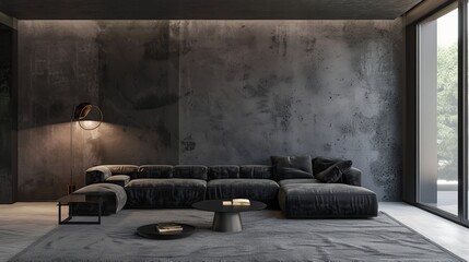 A contemporary living room mock up with a simple black design and a blank wall, digitally created.