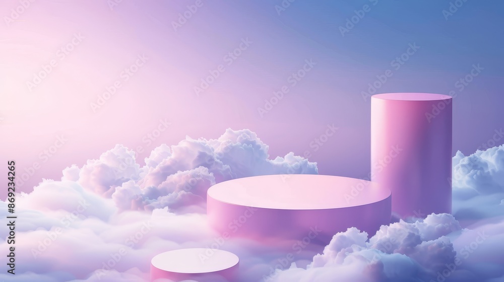 Poster an illustration of a modern sky scene with two cylinder product podiums on fluffy clouds. a round pl