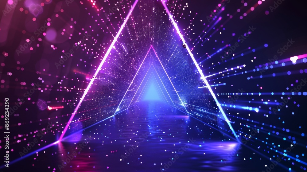 Poster infinite futuristic geometric triangle shape bg with neon glow dots in the form of a triangular tunn