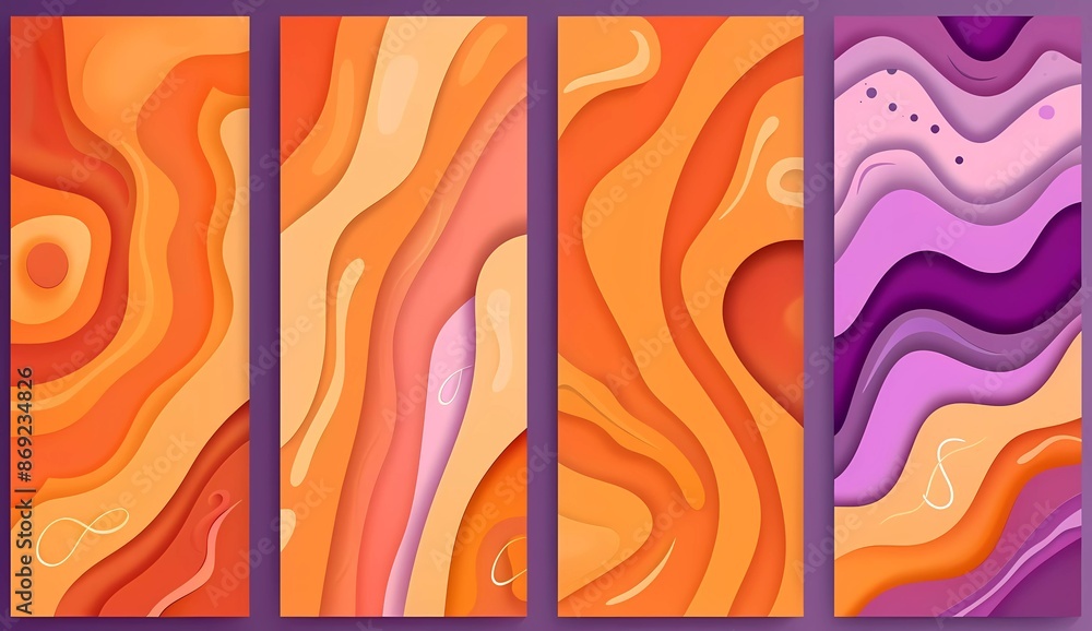 Poster a set of four simple orange, purple and pink flat abstract background vector patterns for business c