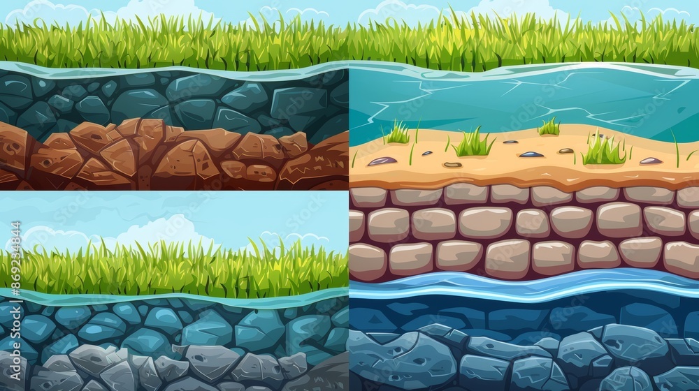 Poster ground layer for game interface design. cartoon modern set of seamless underground texture of soil w