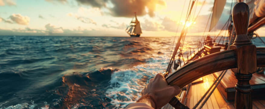 captain first person view of hands on the helm wheel, sailing ship in open ocean at sunset, wind blowing through sails