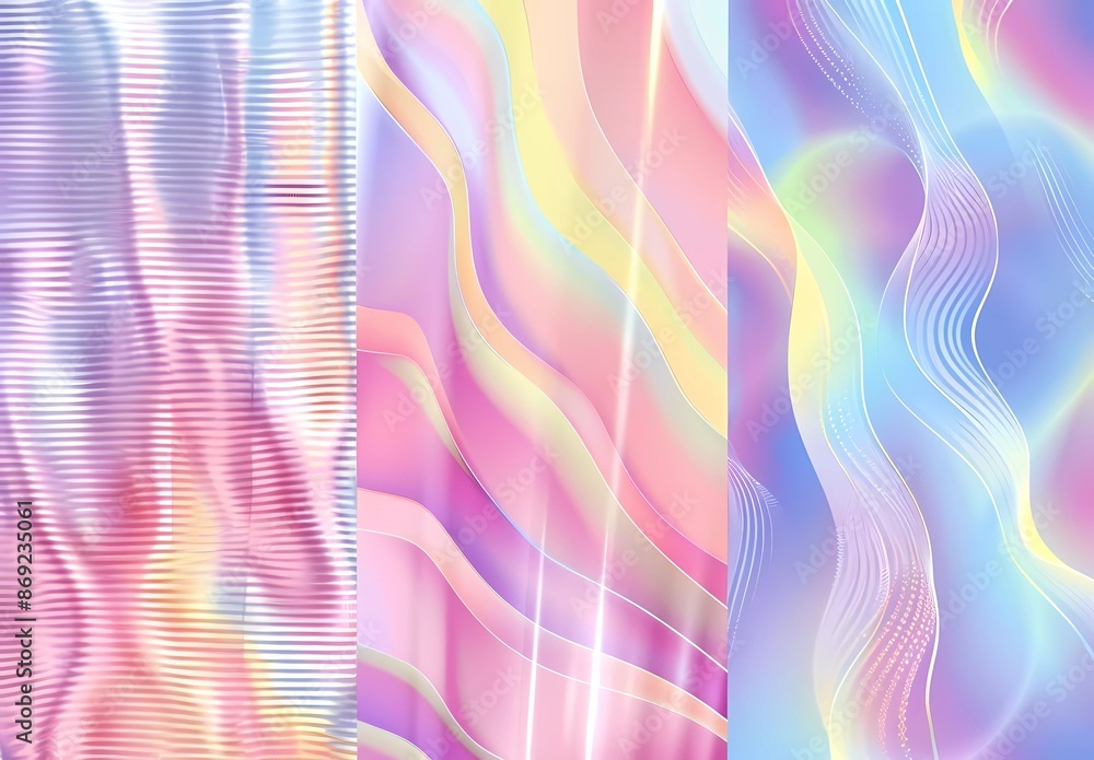Poster vector set of pastel rainbow holographic gradient backgrounds set with wavy lines, seamless pattern 