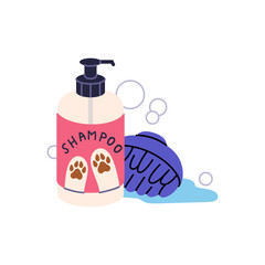 Shampoo with foam to cleaning dogs, cats. Bottle of pet soap with brush for grooming. Lotion to wash, care about hygiene of domestic animals. Flat isolated vector illustration on white background