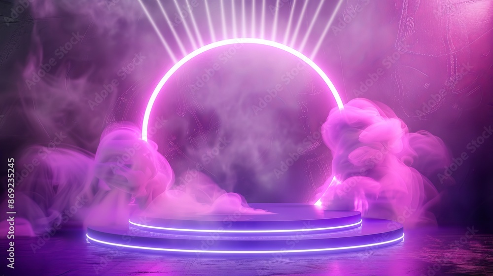 Poster platform with 3d hologram. pink neon game stage. teleport with futuristic glow effect. cyber casino 