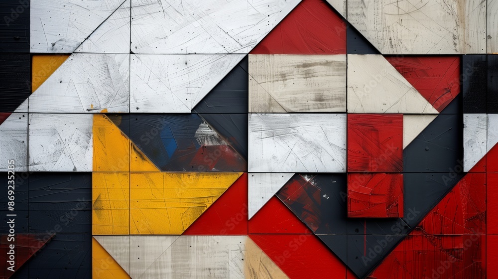 Poster a geometric abstract featuring linear patterns, squares, and triangles, creating dynamic artwork.