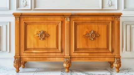 A traditional cedar wood sideboard with decorative moldings, set against an ivory luxury house wall.