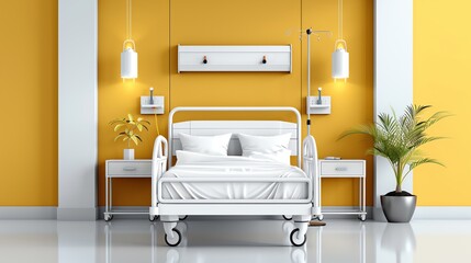 Hospital ward, patient in bed with copy space, flat design illustration.