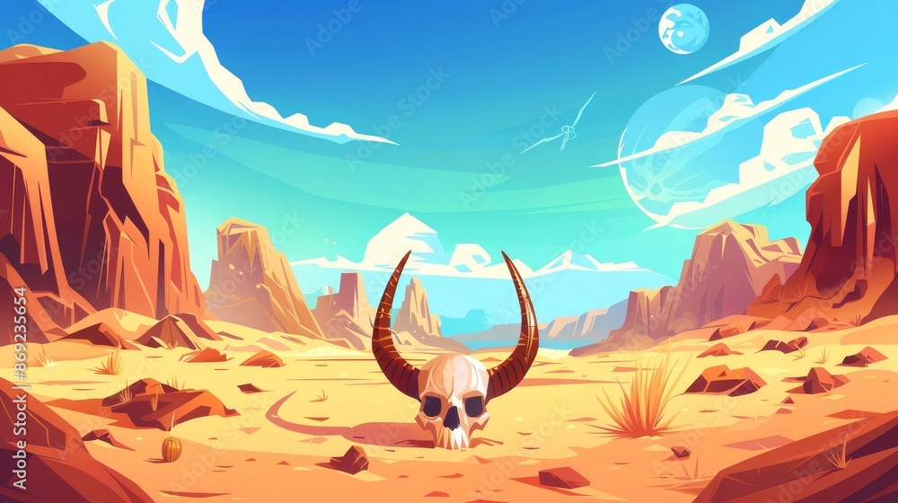 Wall mural Detailed cartoon illustration of sand, cacti, mountains, and buffalo bones in a desert landscape in Arizona or Mexico. - Wall murals