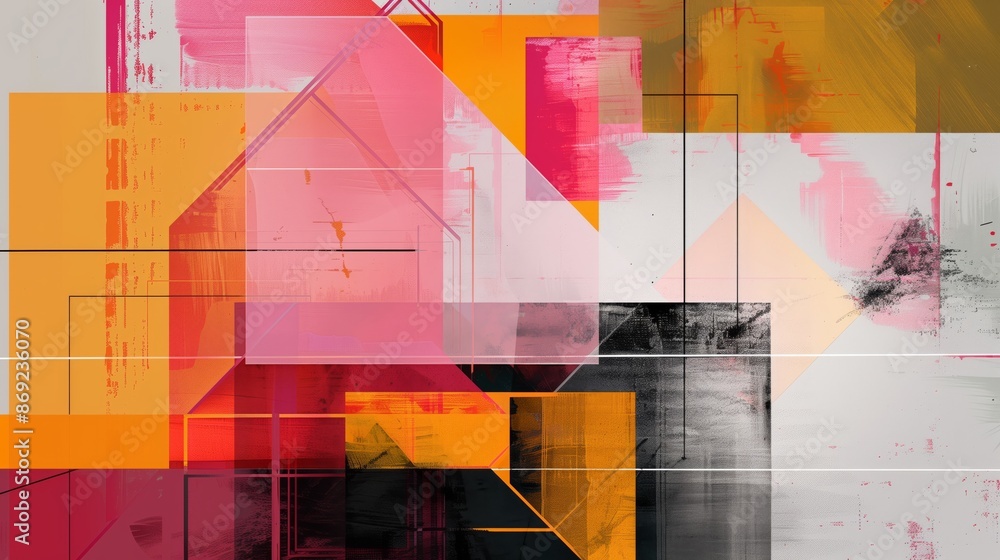 Poster geometric abstract composition with intricate linear patterns, squares, and triangles, forming a str