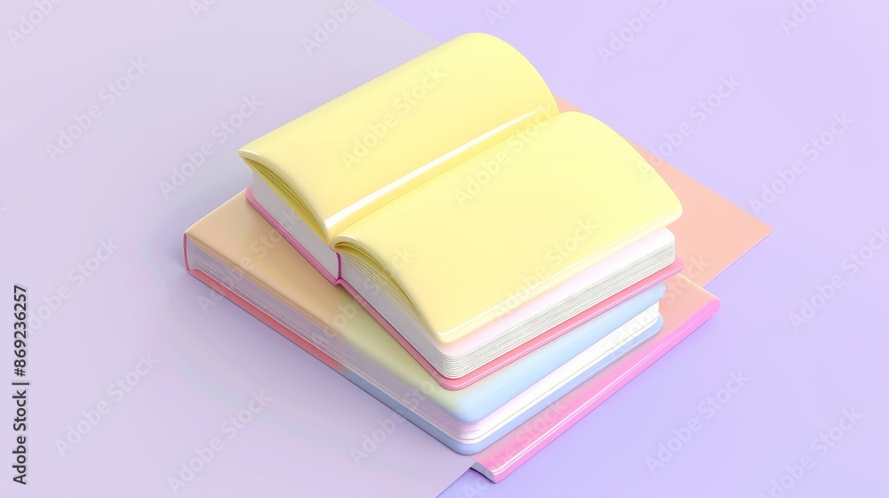 Poster this realistic 3d modern illustration shows a close book stack and an open one on a pastel purple ba