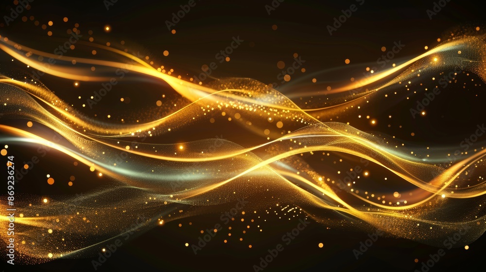 Poster magic star trail with glitter and light dust. golden particle glow effect on black background. abstr