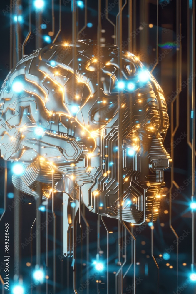 Poster digital brain with glowing circuits and tech neurons