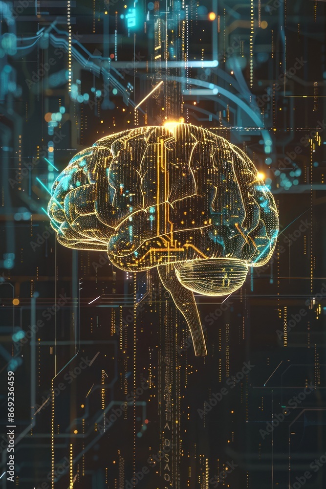 Poster modern tech brain glowing with neural connections
