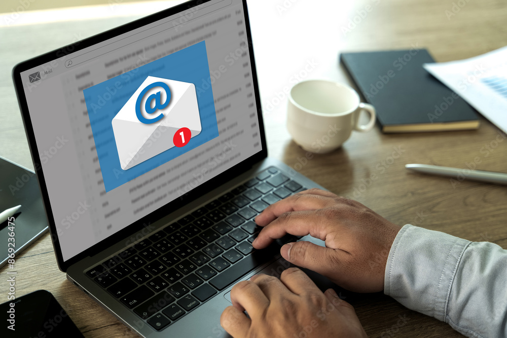 Poster businessman working mail communication connection message to mailing spam e-mail, warning pop-up