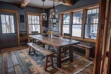 Spacious Rustic Dining Room Featuring a Wooden Table and Bench Seating