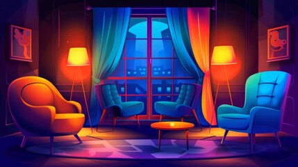 Cartoon midnight apartment with a cat sleeping on the sofa, armchair, table, plants, and flowers in the dark blue apartment at night.