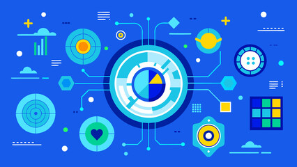 Obraz premium Blue background with various shapes and icons. These shapes represent different aspects of the theme related to technology. Stylized in a flat style.