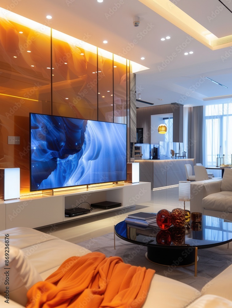 Aufkleber a stylish living room with modern smart tvs and home theater systems. the tvs display bright and sha