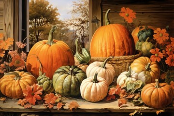 Happy Thanksgiving Day. Orange pumpkins, fruits and spices with copy space on wooden background. Yellow leaves autumn flat lay composition.
