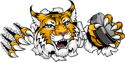 A wildcat or bobcat ice hockey team cartoon animal sports mascot
