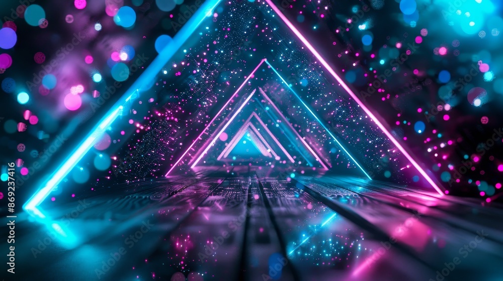 Poster abstract surface with neon glowing blue and purple dots and lines twisted together as a triangle tun