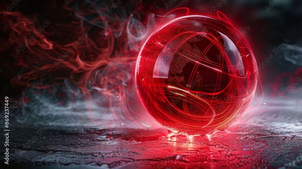 Poster glass data globe glow with light reflection and cloud powder vapour. abstract red shield with energy