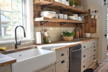 Charming Rustic Kitchen Featuring Wooden Cabinets and an Enamel Farmhouse Sink