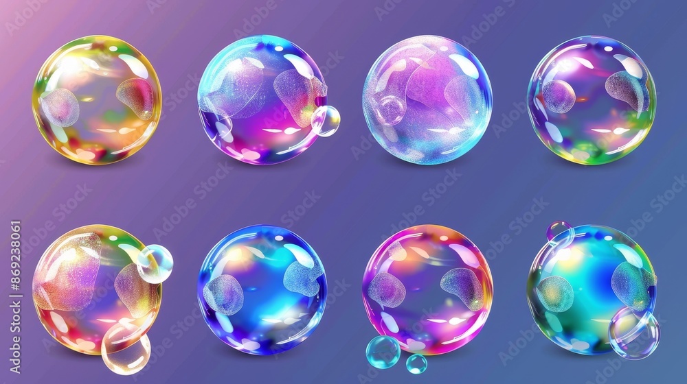 Poster iridescent soap bubbles of irregular round shape. rainbow color transparent liquid soapy detergent o
