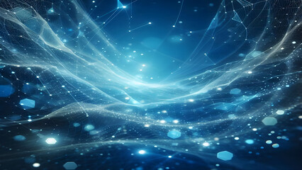 Fototapeta premium Blue abstract background with network grid and particles