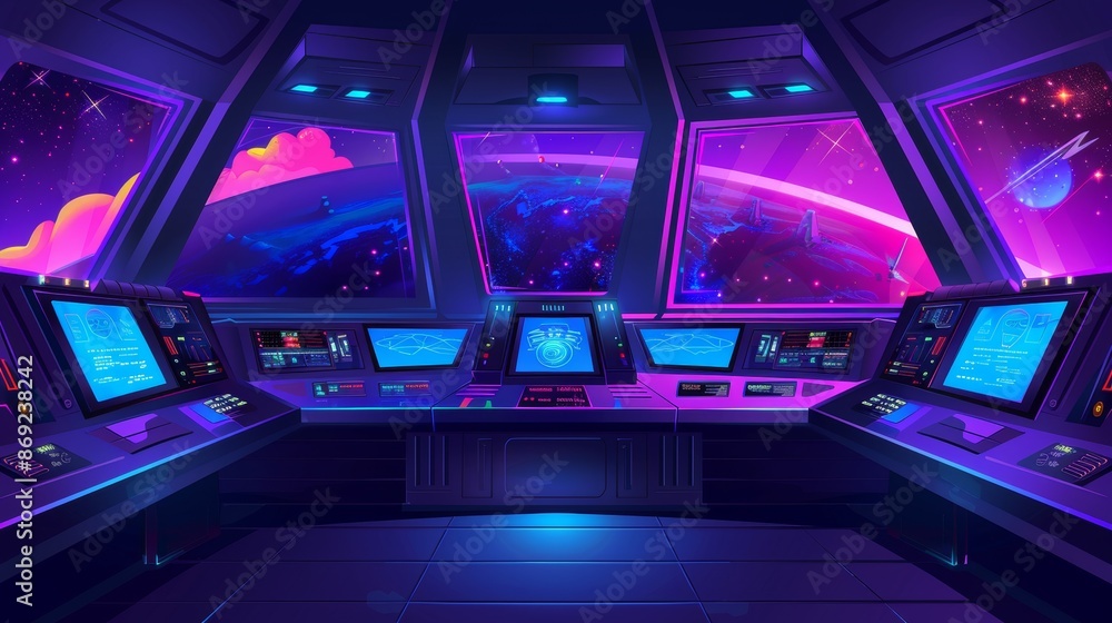 Poster an image of the inside of a spaceship control cabin with a multitude of control stations, panels, mo