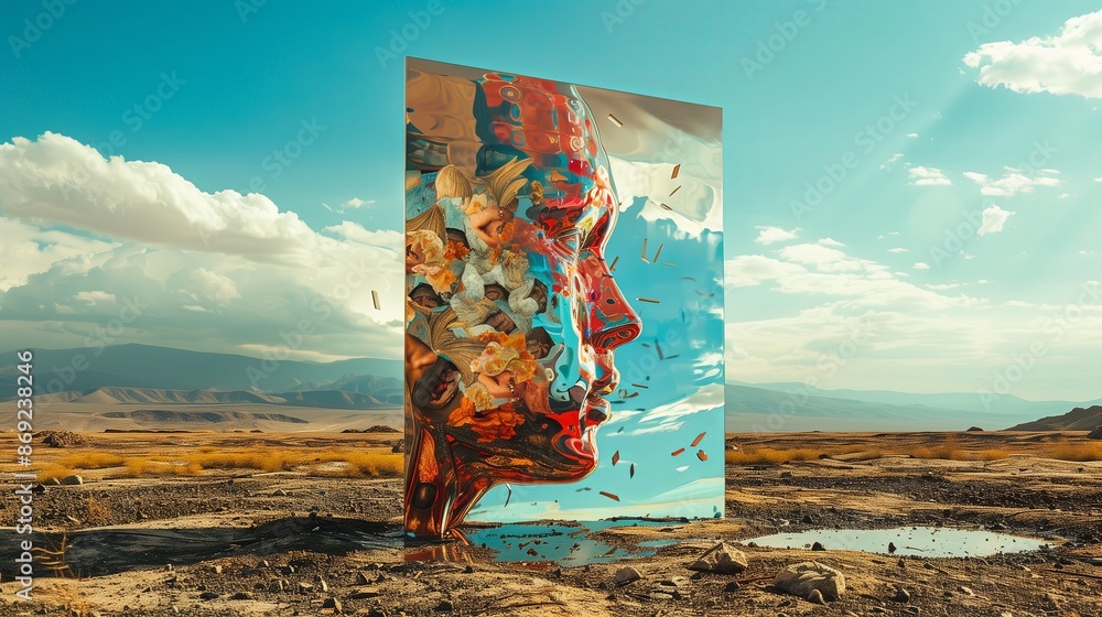 Poster a surreal of a mirror standing in a desolate landscape, reflecting a vibrant, chaotic scene of