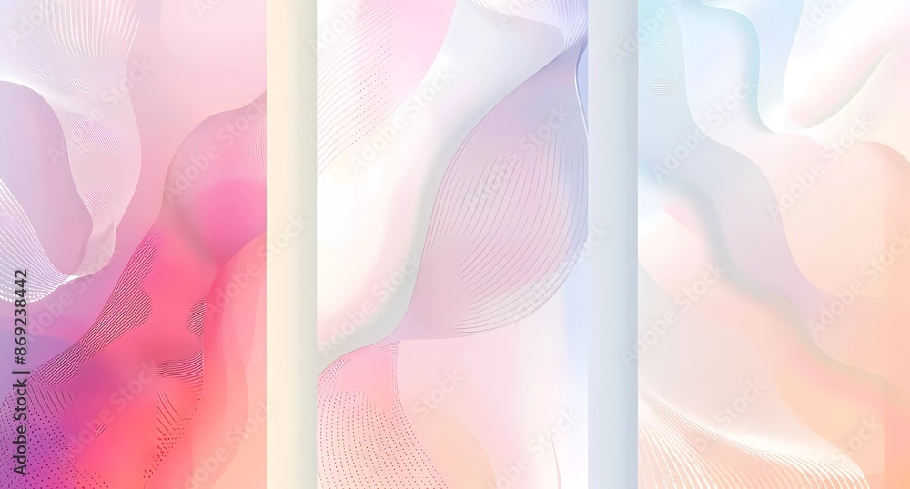 Poster collection of minimalist pastel color banners with wavy line patterns and gradient backgrounds