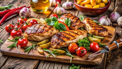 Grilled Chicken Breasts With Vegetables And Herbs On A Wooden Board.