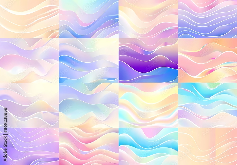 Poster vector set of pastel rainbow holographic gradient backgrounds set with wavy lines, seamless pattern 