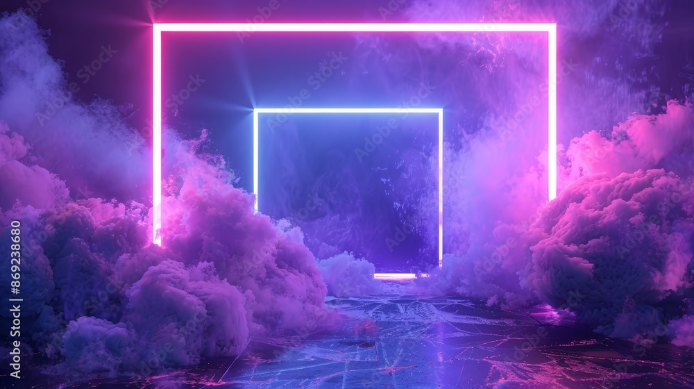 Poster the neon light rectangle frame glow background is in blue. the border line has a laser shine effect 