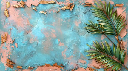 Summer background with tropical orchid flowers and green tropical palm leaves on light background. Flat lay, top view. Summer party backdrop