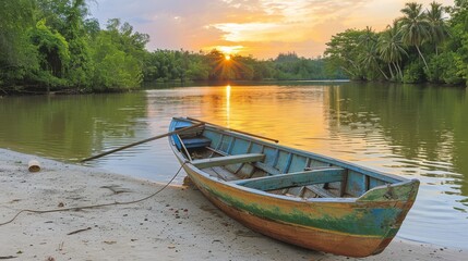 Obraz premium wooden boat on the clear blue water