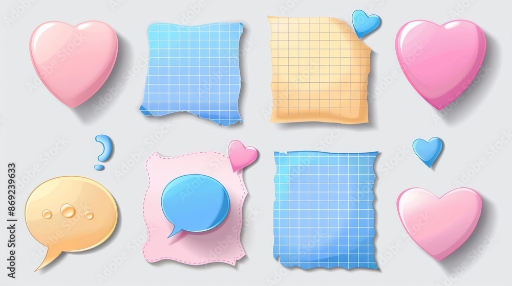 Poster an illustration of squares, circles, and hearts on transparent background with message frames, dialo