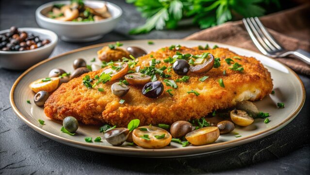 A Delicious And Crispy Schnitzel With Capers, Parsley, And Lemon On A Plate.