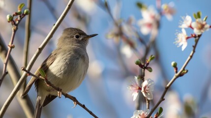 Obraz premium Springtime Serenade: Songbird Perched Among Blossoming Flowers