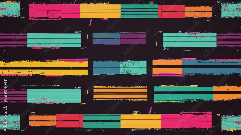 Poster dvhs video screen pattern with colored lines and pixel dots on black background. retro television vi