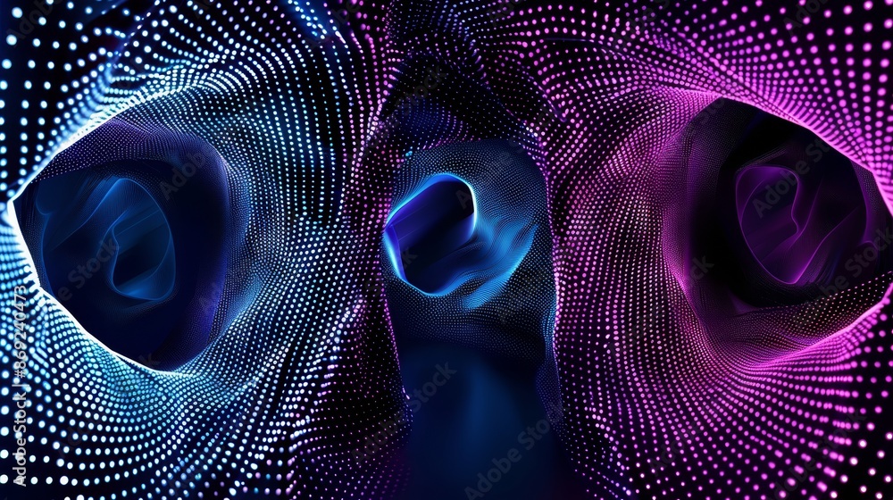 Poster an abstract line drawing of neon glowing blue and purple dots and lines twisting into a triangular t