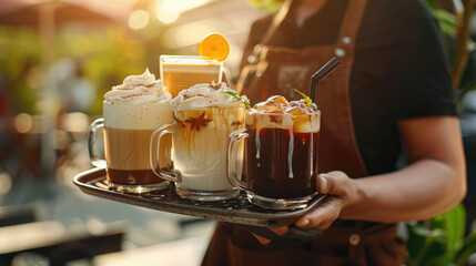A photo shows someone holding out a tray with different types of cold coffee drinks, a hot drink, and an ice latte on top