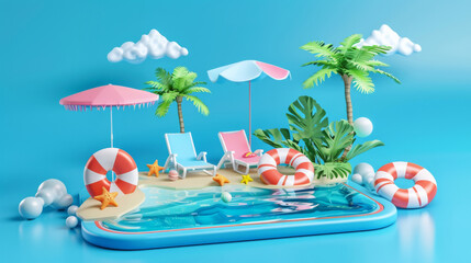 Obraz premium Refreshing summer discount promotion: 3D template with tropical resort island vibe, beach and pool elements and cute beach items