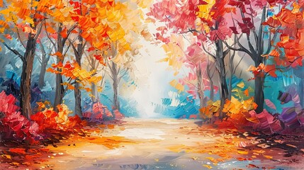 Colorful autumn forest path with vibrant trees sunlight shining