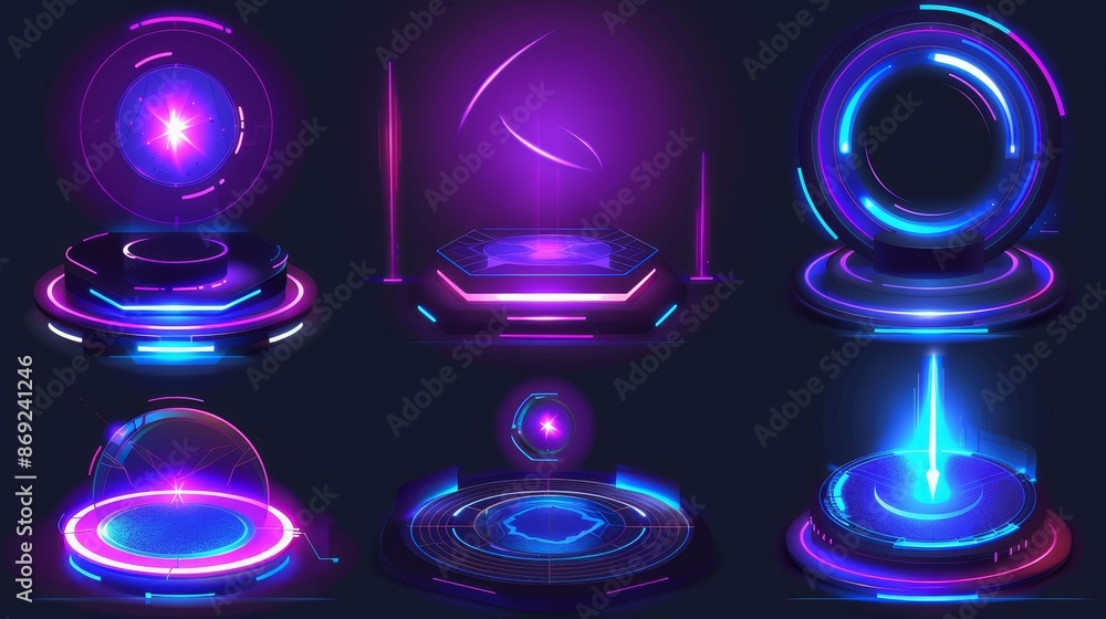 Poster an interactive game portal ui with neon round lights and hologram lights. a magical futuristic glow 