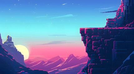 Retro Pixel Art Fantasy Sci-Fi Landscape with Vibrant Blocky Mountains and Dramatic Sunset Sky