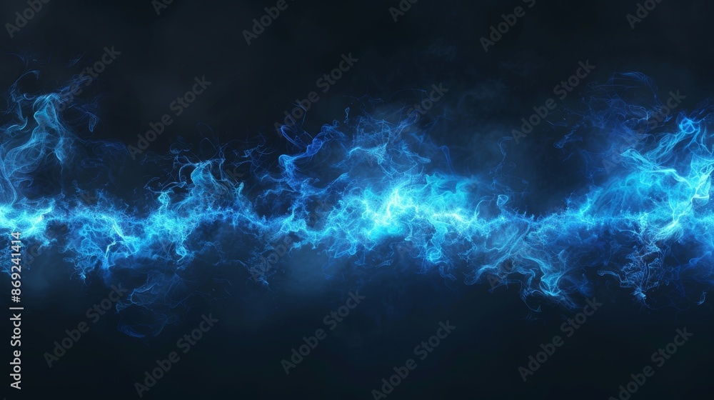 Poster bottom frame features realistic thunder lights and blue smoke clouds. a wide panoramic element featu