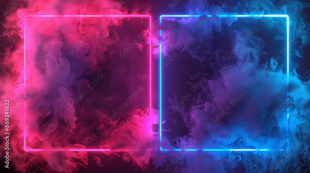 Poster a realistic illustration of rectangle frame portals surrounded by color mist clouds and a magic gate
